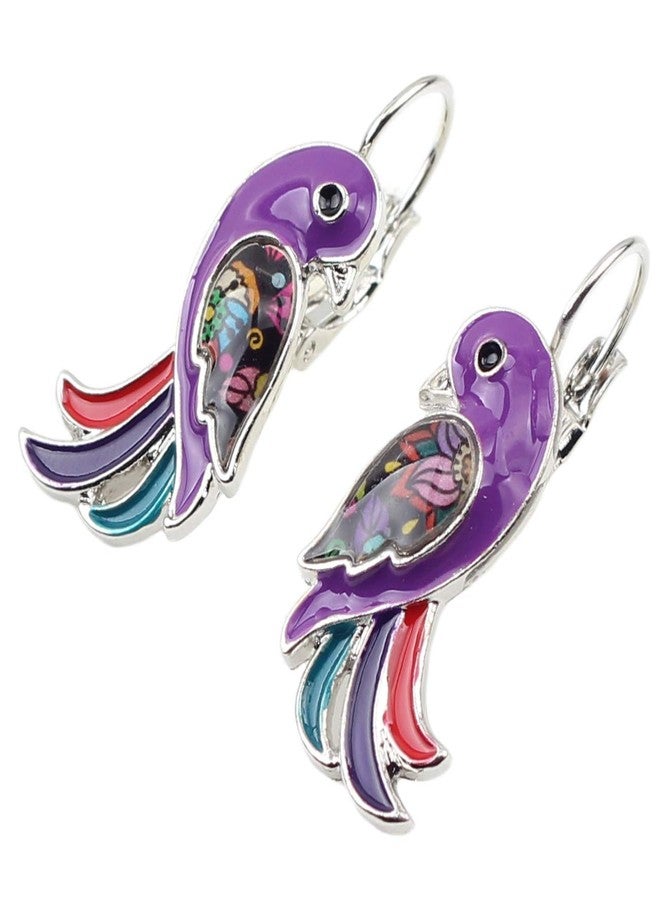 DUOWEI Enamel Parrot Bird Earrings Dangle Parrot French Clip Earrings Jewelry for Women (Purple) - Image 3