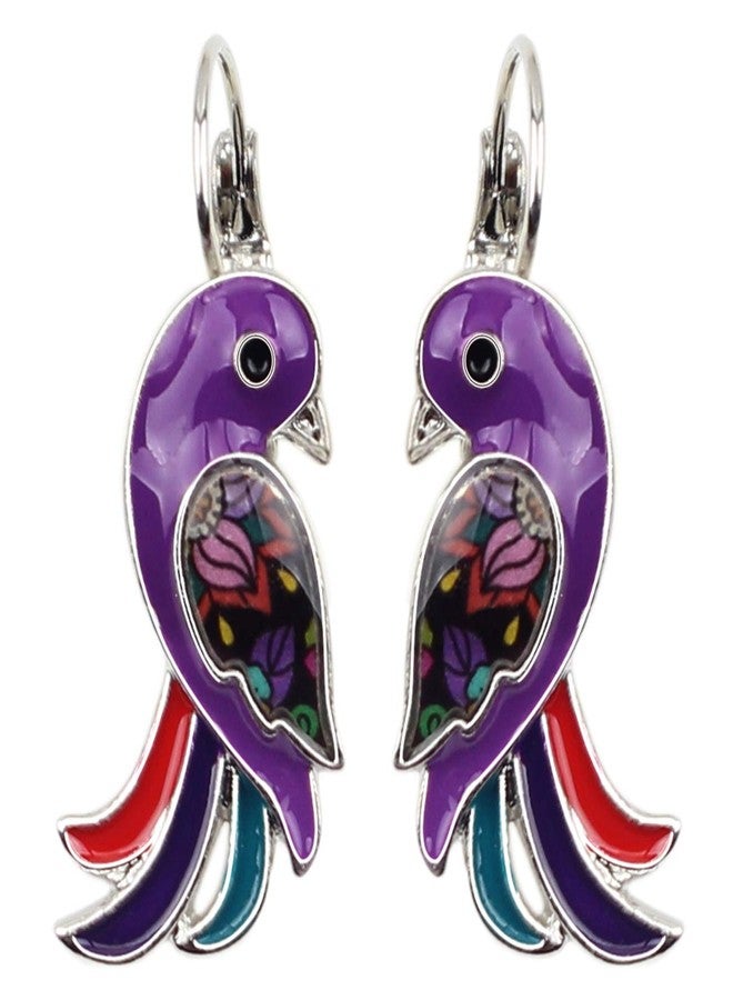 DUOWEI Enamel Parrot Bird Earrings Dangle Parrot French Clip Earrings Jewelry for Women (Purple) - Image 1