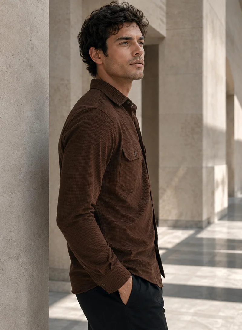 CAHOOT Cahoot Men's Brown Textured Poly Spandex Shirt - 7621
