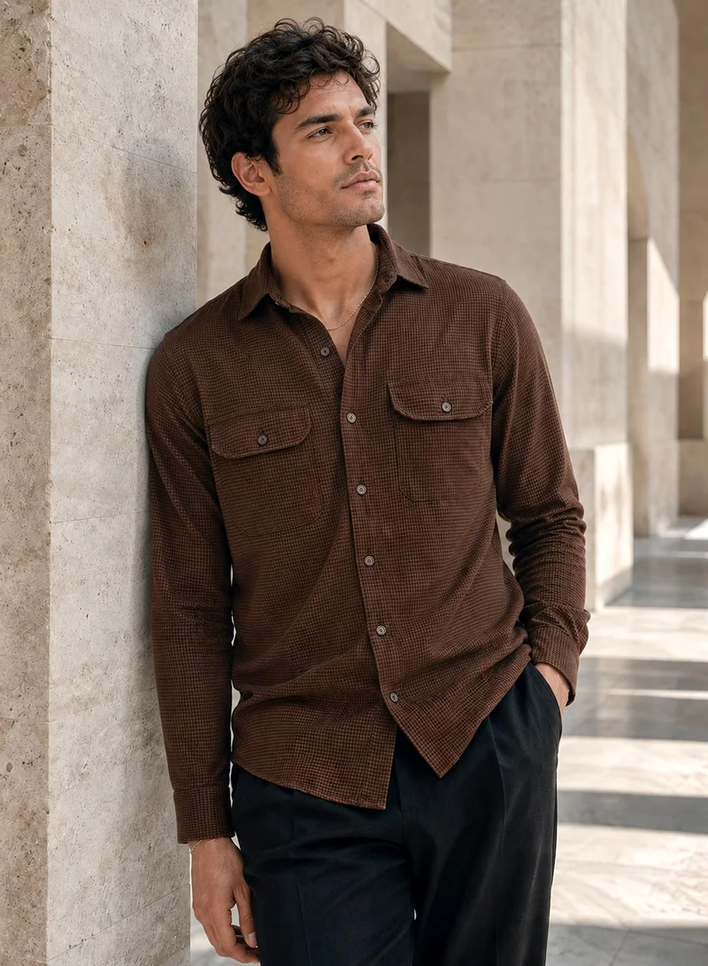 CAHOOT Cahoot Men's Brown Textured Poly Spandex Shirt - 7621