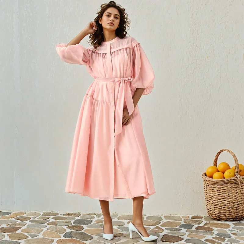 2Xtremz 2Xtremz Sheer Tiered Midi Dress with Mandarin Collar