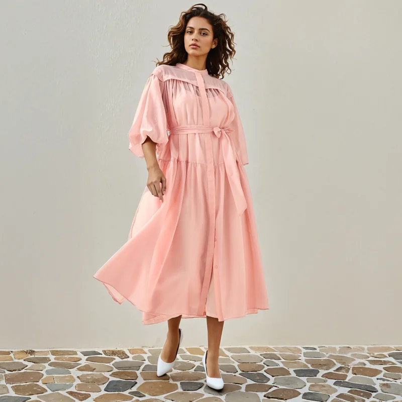 2Xtremz 2Xtremz Sheer Tiered Midi Dress with Mandarin Collar