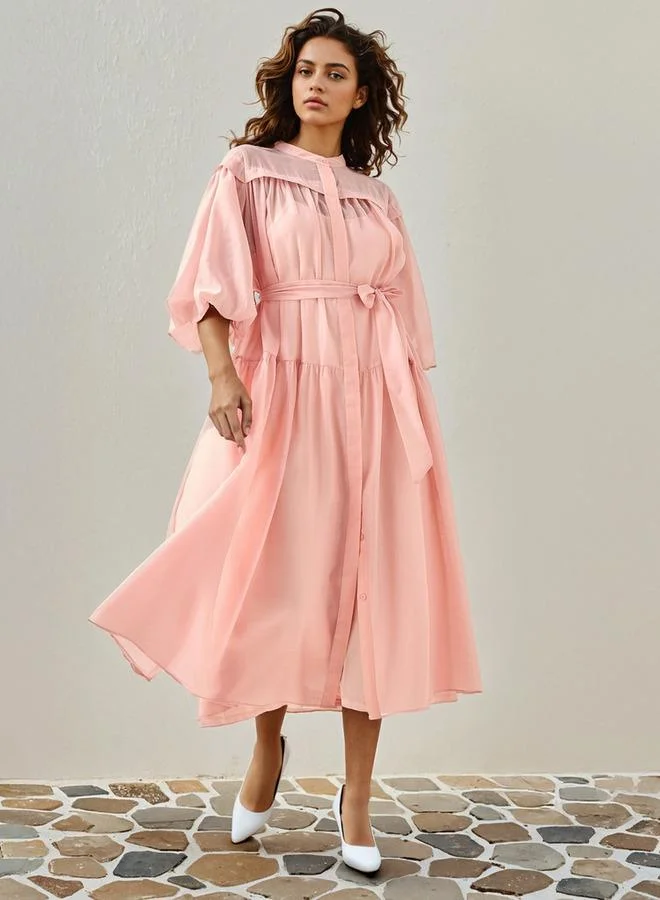 2Xtremz 2Xtremz Sheer Tiered Midi Dress with Mandarin Collar