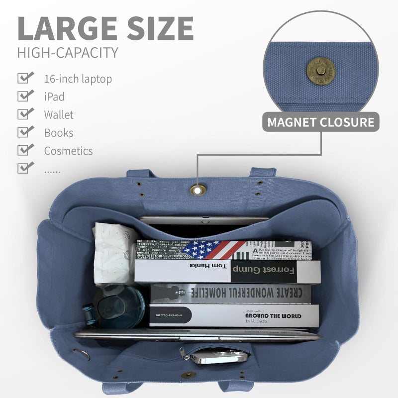 HOMESPON Large Canvas Tote Bag for Women Everything Bag with Pockets and Laptop Sleeve (Blue) - Image 5