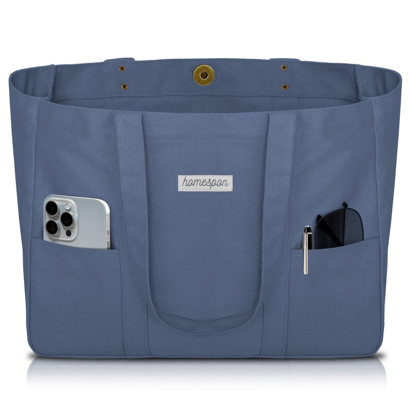 HOMESPON Large Canvas Tote Bag for Women Everything Bag with Pockets and Laptop Sleeve (Blue) - Image 1