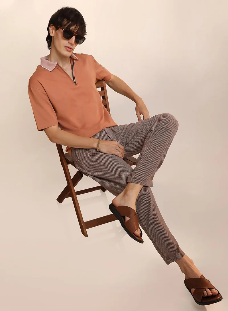 Campus Sutra Men's Cantalope Orange Solid Oversized Polo T-Shirt