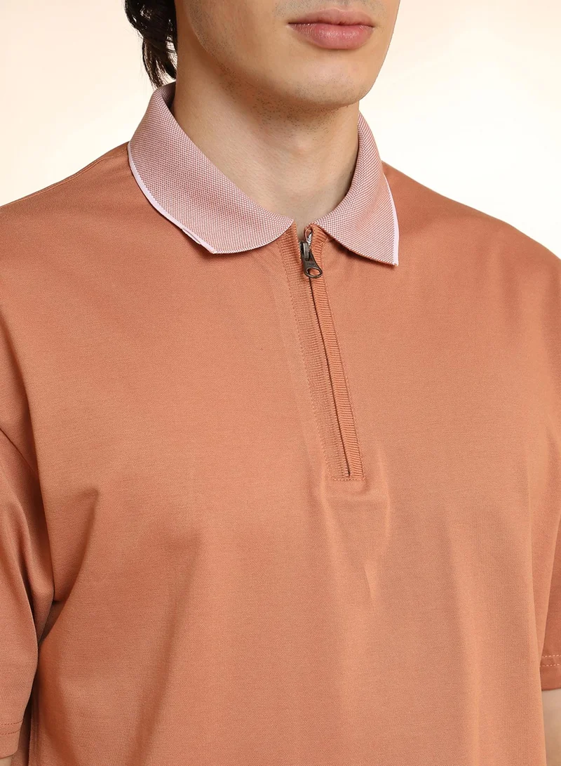 Campus Sutra Men's Cantalope Orange Solid Oversized Polo T-Shirt