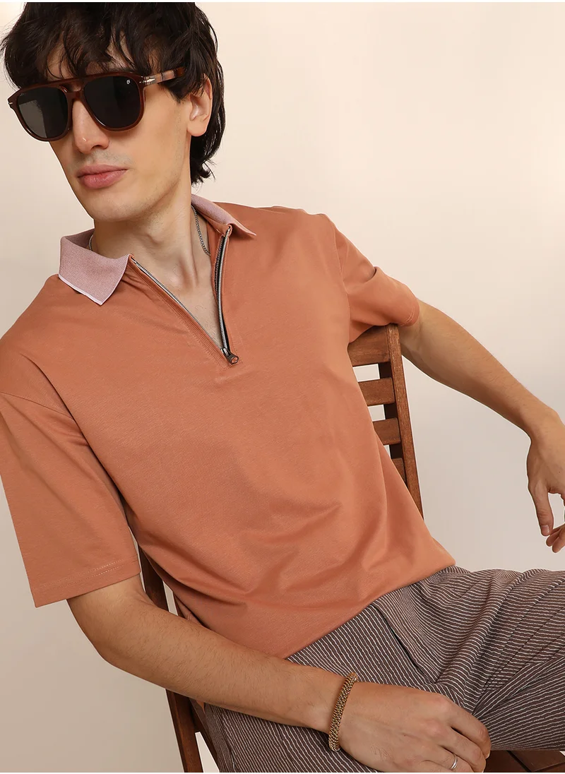 Campus Sutra Men's Cantalope Orange Solid Oversized Polo T-Shirt