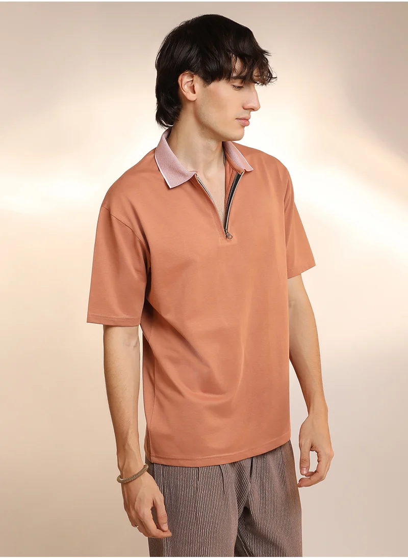 Campus Sutra Men's Cantalope Orange Solid Oversized Polo T-Shirt