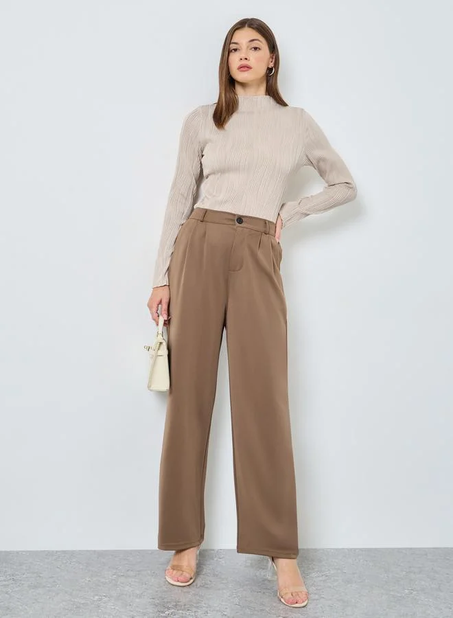 Styli Beige Ribbed Knit Long Sleeve Top