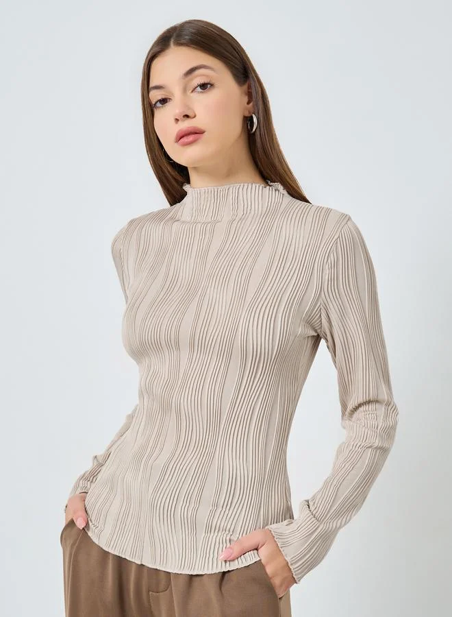 Styli Beige Ribbed Knit Long Sleeve Top