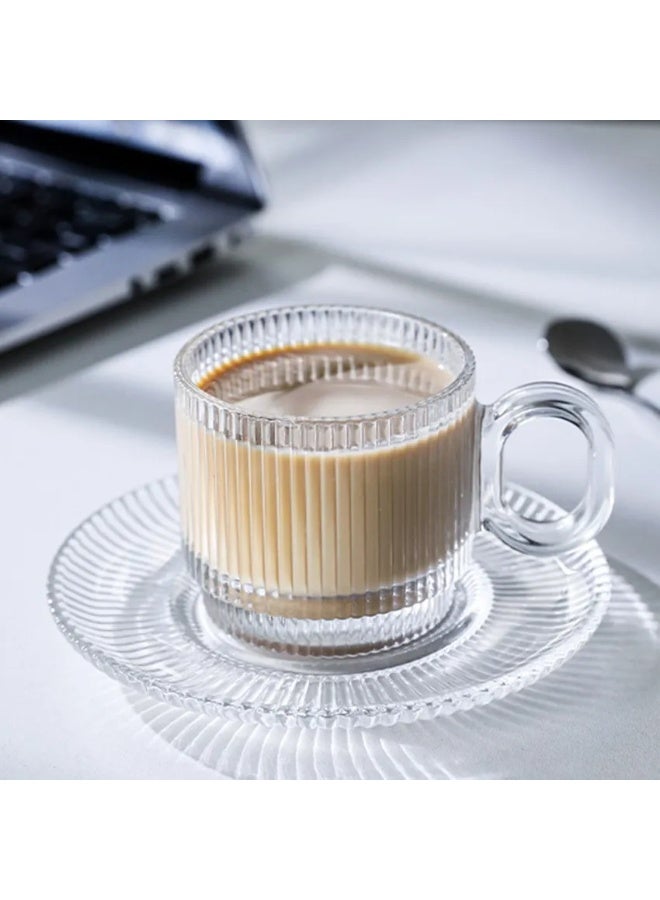 Transparent Glass Coffee Cup Set, 6 Sets (12 Pieces) Striped Tea Cups with Saucers, Modern Classic Design for Home, Office, Cafe - Image 1