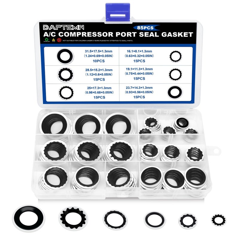 Daptemn 85PCS AC Compressor Seal Washers Kit 6 Sizes Air Conditioning Compressor Port Gasket Repairs Universal Automotive SelfCentered Bonded Sealing Washers ID 8mm175mm Black - Image 3