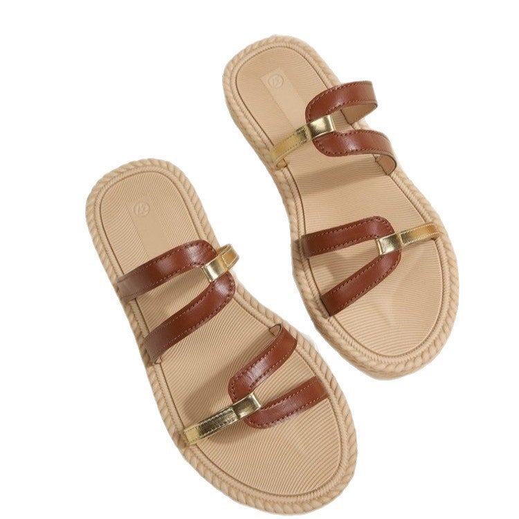 2026 New Style Thong-Toe Woven Platform Sandals, Color-Blocked Roman-Style Slip-Ons, Vacation Beach Casual Women'S Shoes - Image 5