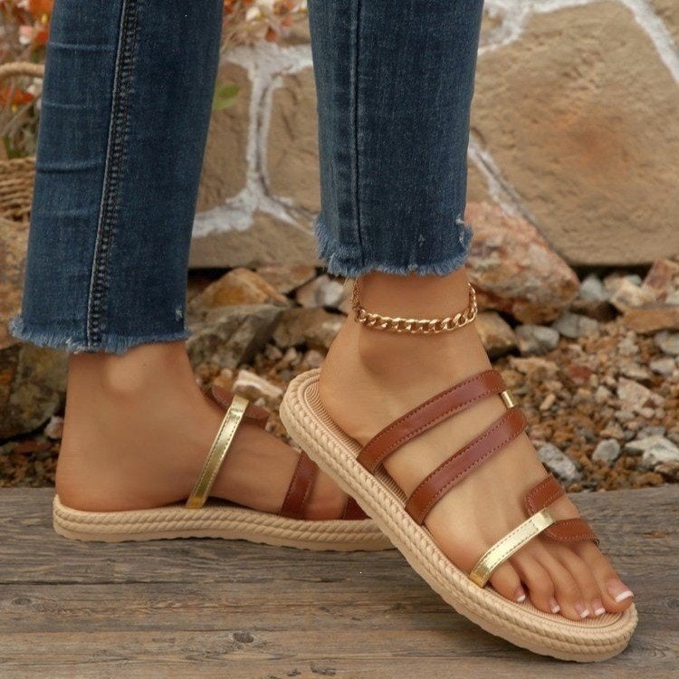 2026 New Style Thong-Toe Woven Platform Sandals, Color-Blocked Roman-Style Slip-Ons, Vacation Beach Casual Women'S Shoes - Image 2