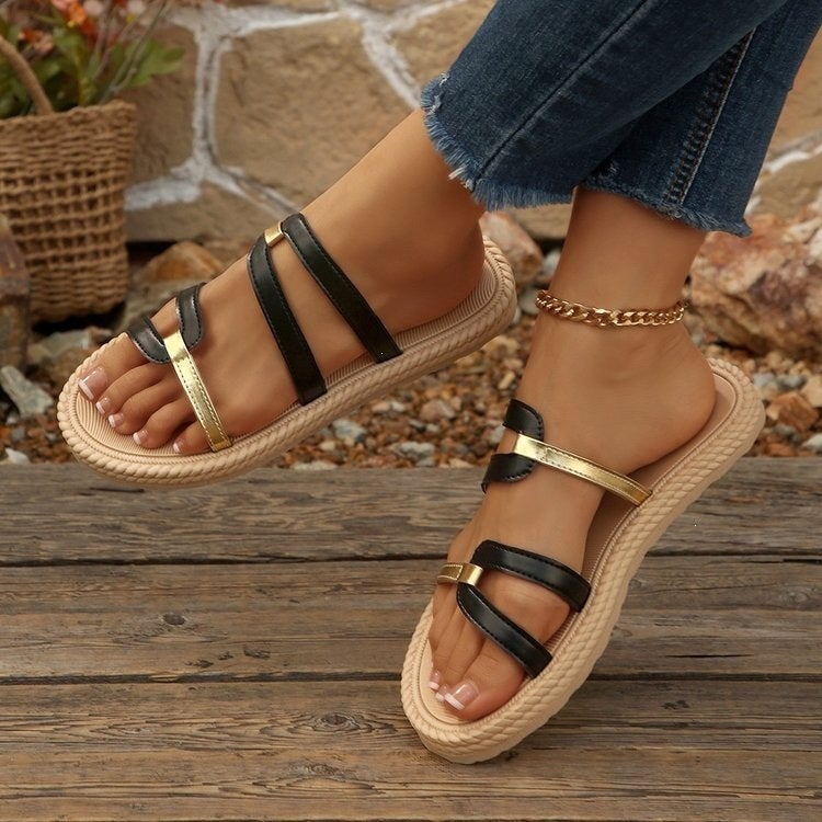 2026 New Style Thong-Toe Woven Platform Sandals, Color-Blocked Roman-Style Slip-Ons, Vacation Beach Casual Women'S Shoes - Image 4