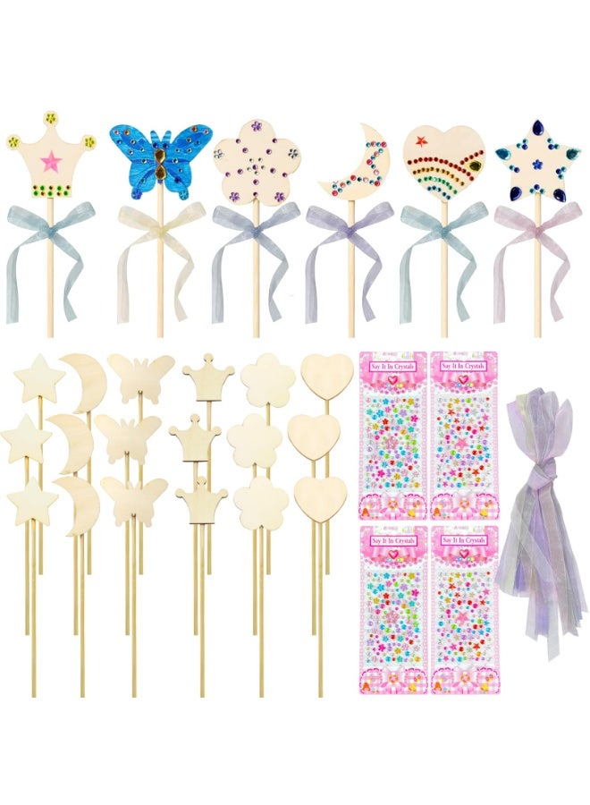 CMGTYYD 12 Sets Fairy Wands, Princess Fairy Wands Kit, DIY Magical Wand, DIY Crafts, Craft Kits, Unfinished Wooden, with Gem Stickers, Arts Crafts, Gifts for Girls, for Birthday Halloween Party - Image 1
