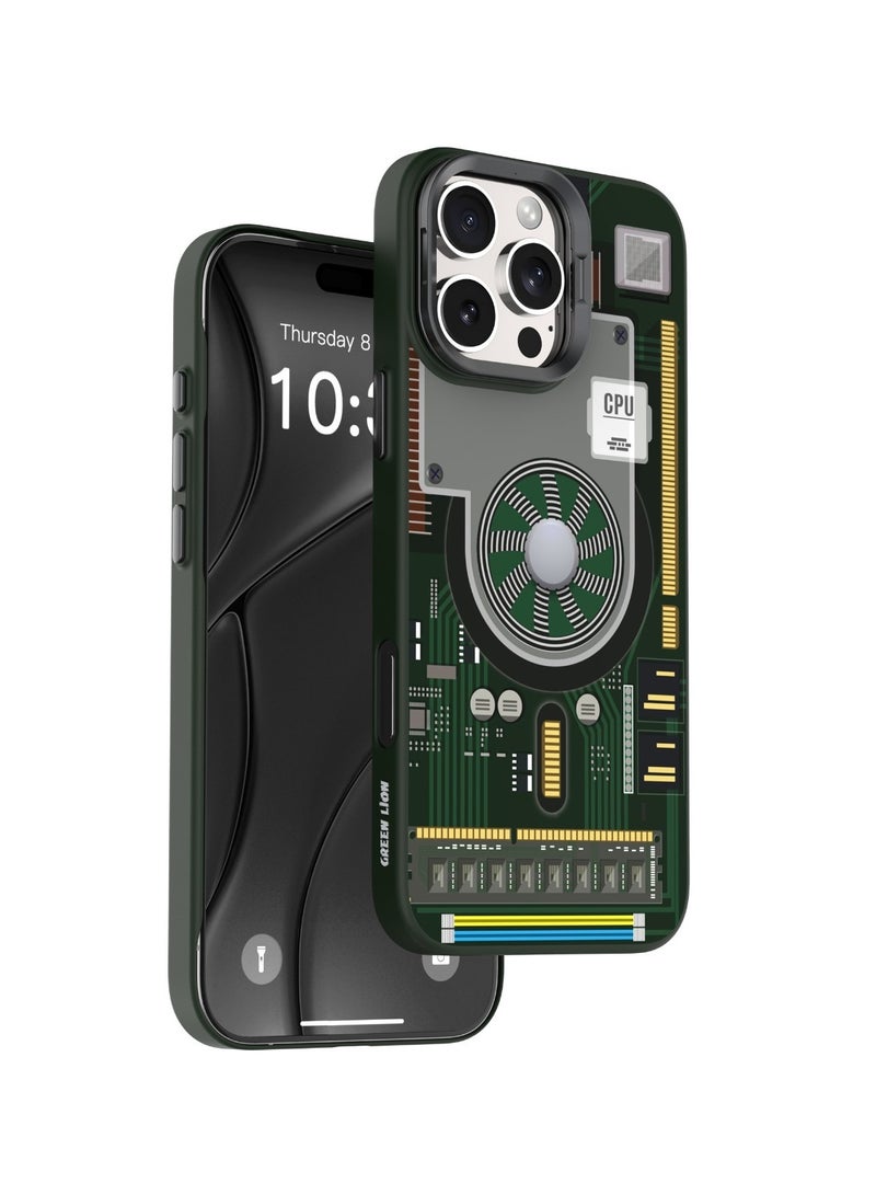 GREEN LION iPhone 16 Pro MagSafe Case Techguard Water Transfer Printing Cover / Slim Profile / Camera Guard Kickstand / Hands Free Viewing / Camera Protection / Built-In Camera Stand / Raised Edges - Green