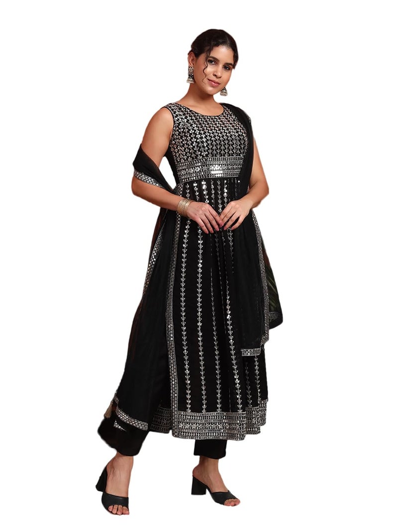 SHOPPING QUEEN Women's Georgette Sequins Kurta, Pyjama & Dupatta Set (A592_Black_S) - Image 1