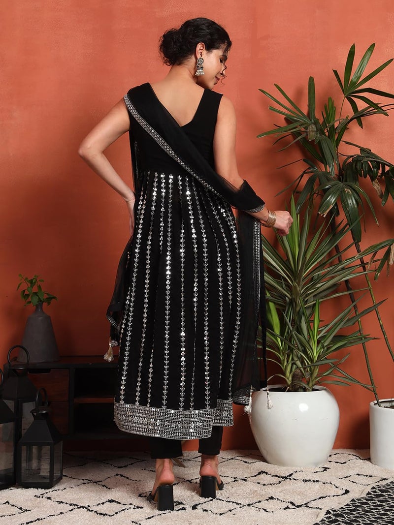 SHOPPING QUEEN Women's Georgette Sequins Kurta, Pyjama & Dupatta Set (A592_Black_S) - Image 2