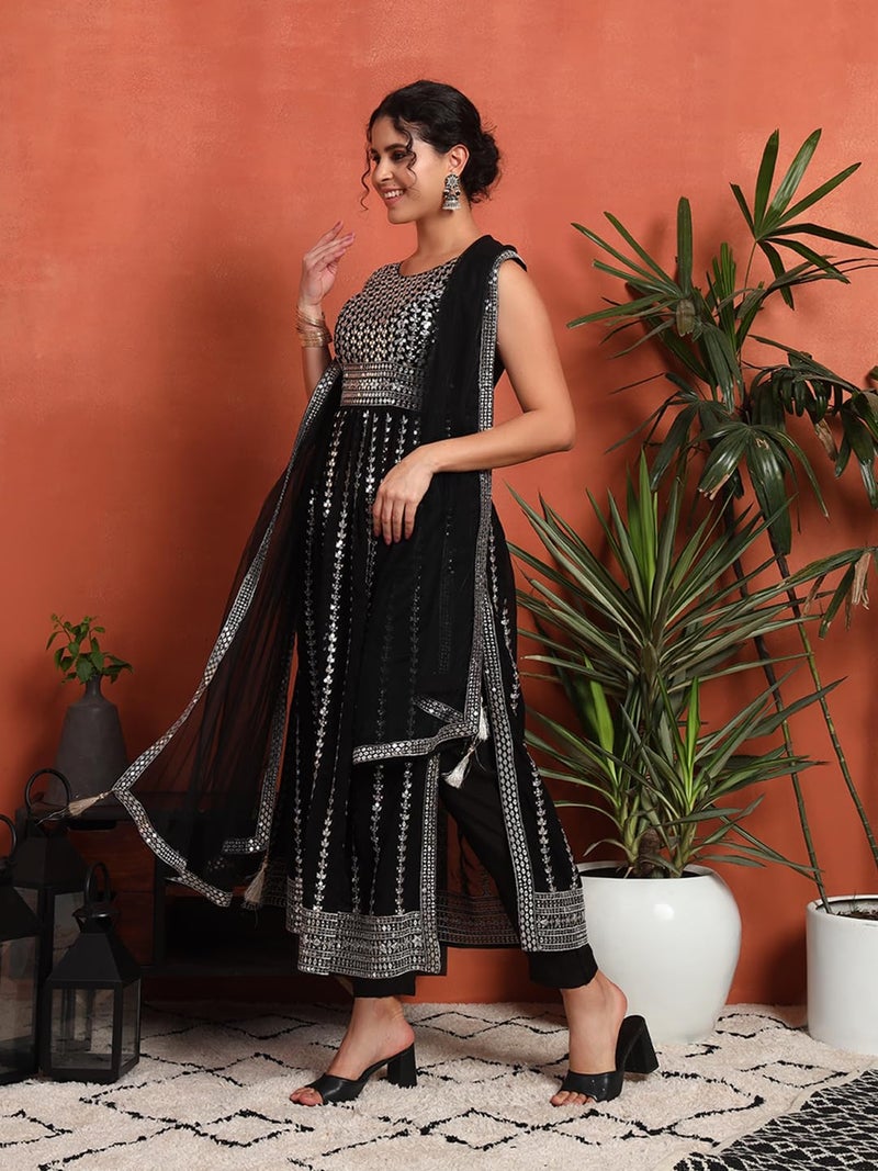 SHOPPING QUEEN Women's Georgette Sequins Kurta, Pyjama & Dupatta Set (A592_Black_S) - Image 3
