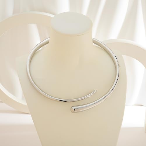 WOWORAMA Silver Chunky Cuff Choker Necklace for Women Teardrop Collar Necklaces Spring Metal Open Cuff Necklace Silver Statement Choker Necklaces - Image 5