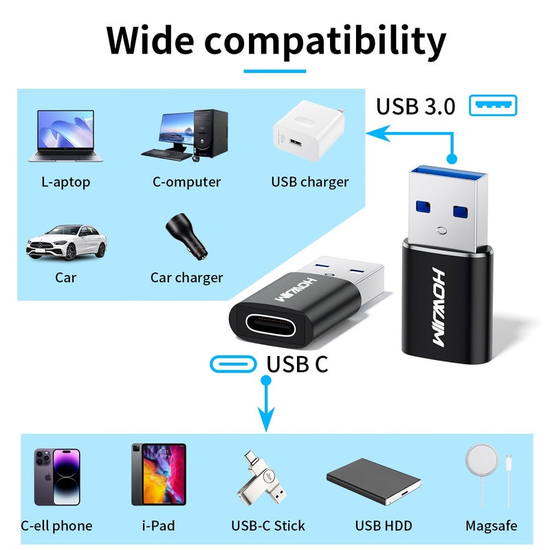 HOWJIM USB to USB C Adapter 2 Pack,PD/QC Fast Charging 5Gbps Data Transfer,Type-C Female to USB3.0 Male OTG Adapter for M-acBook,Pad Pro/Air,Phone 17/16/15 Pro Max,A-pple Watch,G-alaxy,X-peria,A-irpods Black - Image 4