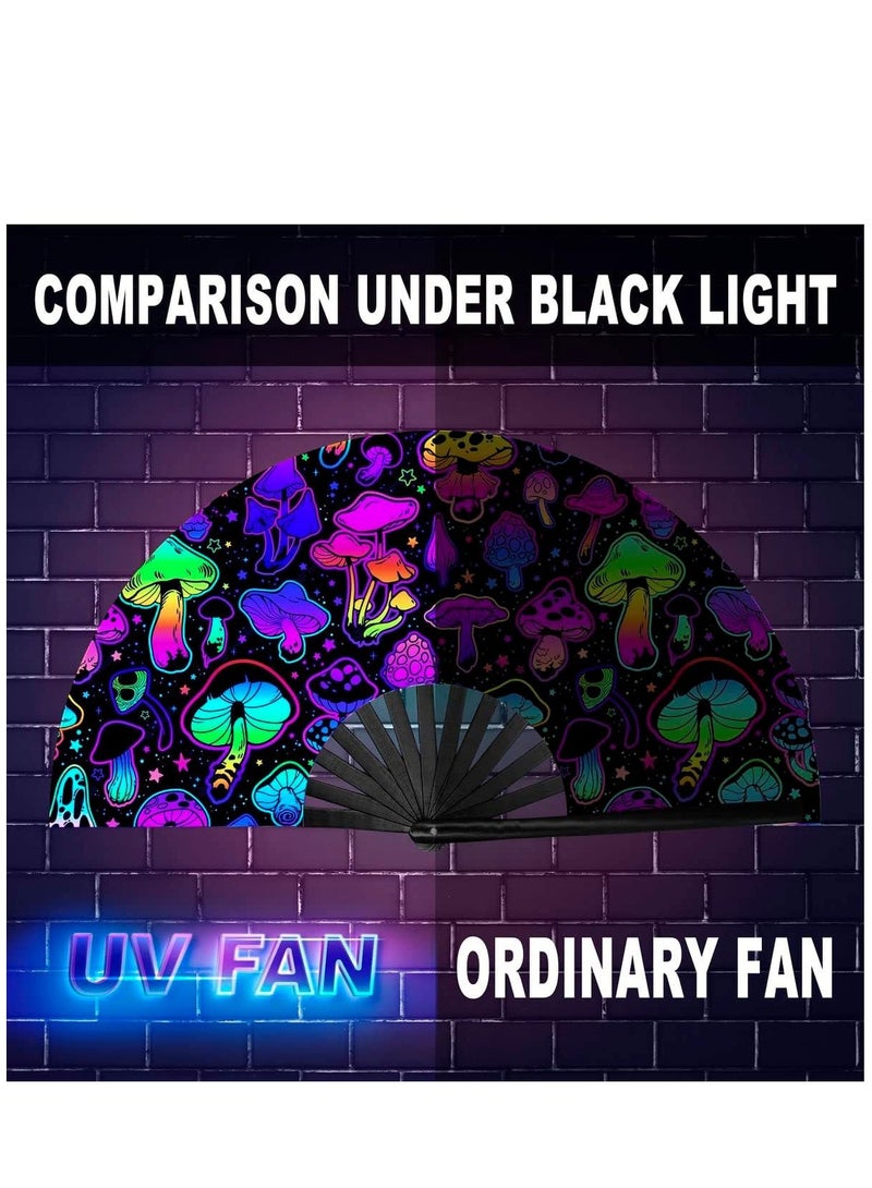 Wooden Folding Fan UV Glow Rave Foldable Fan Mushroom Pattern Wooden Foldable Fan Chinese Vintage Bamboo Silk Fans for Party Wedding Dancing Decoration Gift Performance Baby Shower - Image 4