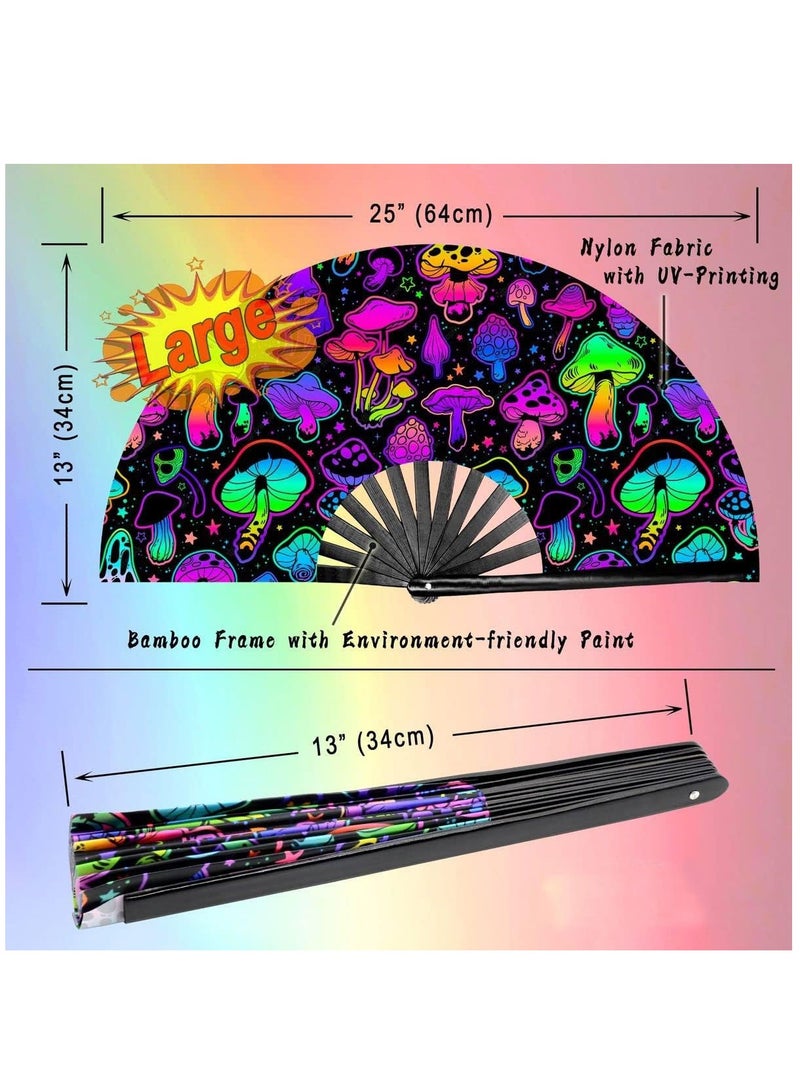 Wooden Folding Fan UV Glow Rave Foldable Fan Mushroom Pattern Wooden Foldable Fan Chinese Vintage Bamboo Silk Fans for Party Wedding Dancing Decoration Gift Performance Baby Shower - Image 5