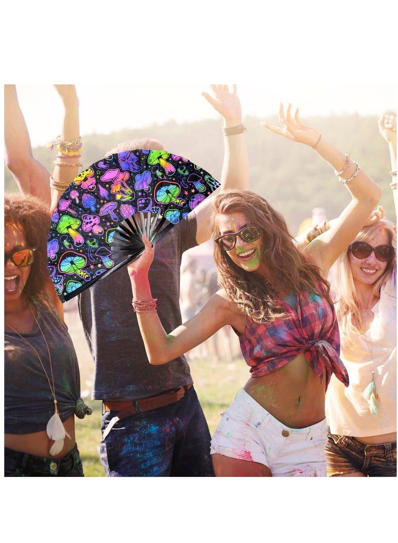 Wooden Folding Fan UV Glow Rave Foldable Fan Mushroom Pattern Wooden Foldable Fan Chinese Vintage Bamboo Silk Fans for Party Wedding Dancing Decoration Gift Performance Baby Shower - Image 3