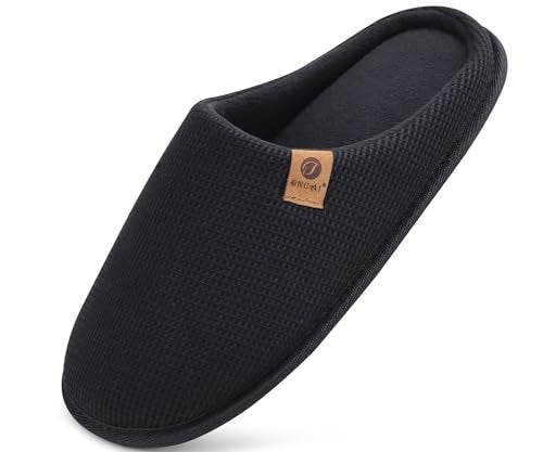 ONCAI Mens Slippers with Cushion Memory Foam Cotton-Blend High-Density Warm House Slippers for man 2026 Slip-on Indoor Outdoor Comfortable Best House Shoes Rubber Sole Black Size 9 US - Image 1