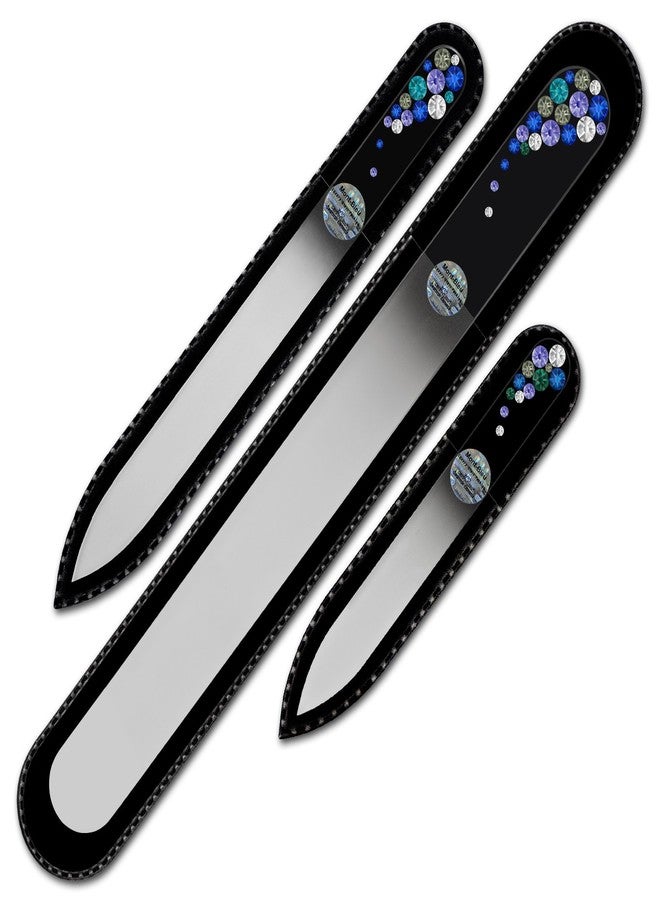 Mont Bleu Set of 3 Glass Nail Files Hand Decorated with Crystals - in Black Velvet Sleeve - Genuine Czech Tempered Glass - Handmade Crystal Nail Files - Image 1