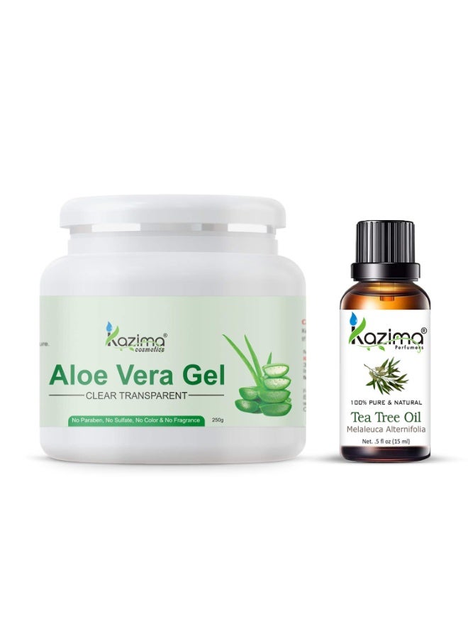KAZIMA Combo of Aloe Vera Gel 250g & Tea Tree Essential Oil 15ml - 100% Pure & Natural for Skin, Face, Acne Scars, Hair, Moisturizer & Dark Circles (Combo of 2) - Image 1