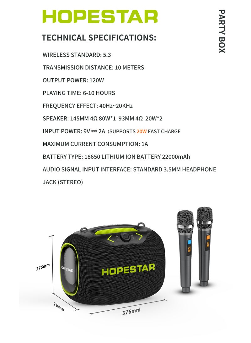HOPESTAR Party Box 120W Portable Bluetooth Speaker with Dual Wireless Microphones, 200W Fast Charging, IPX6 Waterproof, DSP Chip, 10-Hour Playtime, RGB Lights – Ideal for Outdoor, Karaoke, and Family Gatherings - Image 4