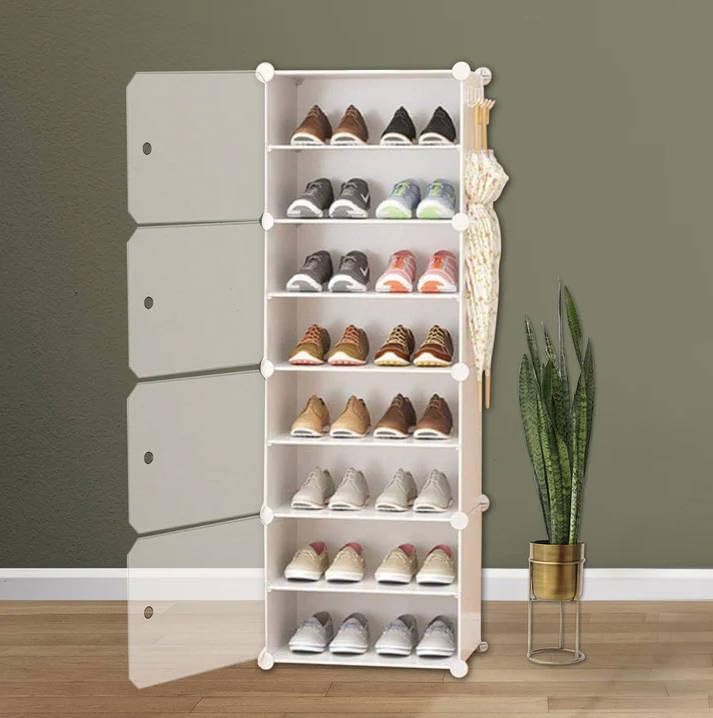 WeCool SRW8 Upgraded Shoe Rack for Home Plastic Portable Shoe Rack with Dustproof Door for HeelsSlippersBoots 8Layer Shoe Storage Cabinet with Hooks for Entryway or Bedroom White - Image 1