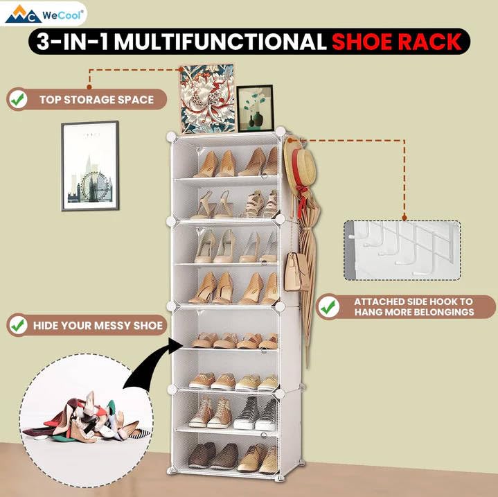 WeCool SRW8 Upgraded Shoe Rack for Home Plastic Portable Shoe Rack with Dustproof Door for HeelsSlippersBoots 8Layer Shoe Storage Cabinet with Hooks for Entryway or Bedroom White - Image 2