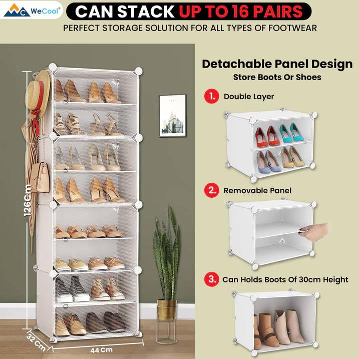 WeCool SRW8 Upgraded Shoe Rack for Home Plastic Portable Shoe Rack with Dustproof Door for HeelsSlippersBoots 8Layer Shoe Storage Cabinet with Hooks for Entryway or Bedroom White - Image 3