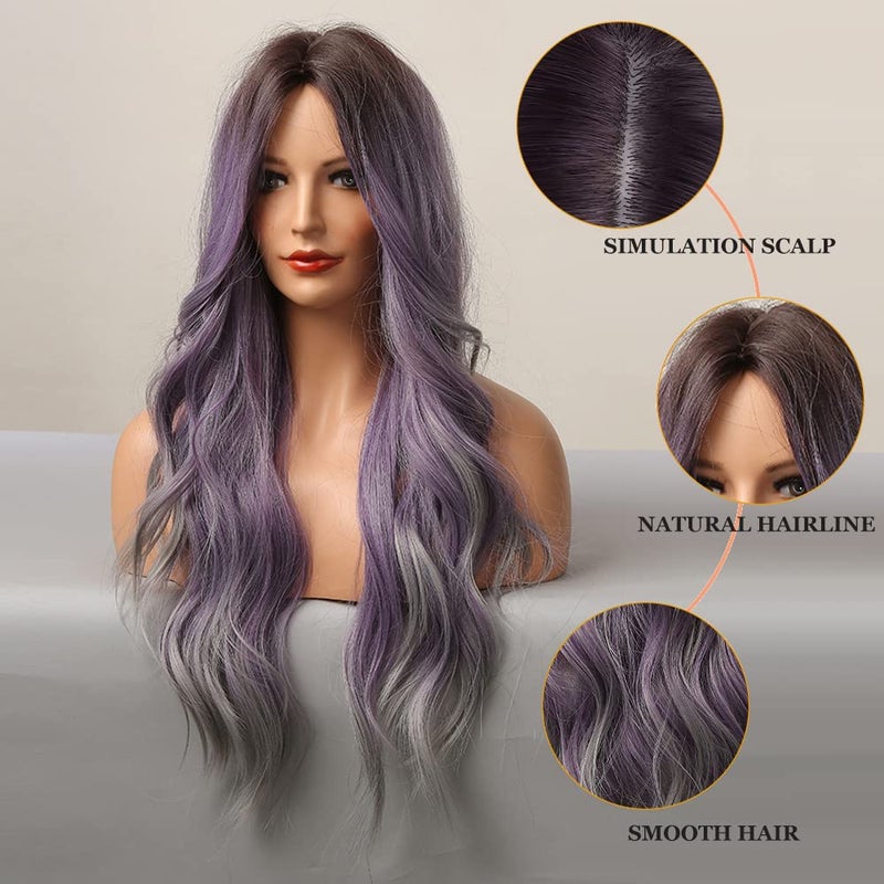 Esmee 24 Inches Ombre Purple to Grey Wigs for Women Synthetic Heat Resistant Fiber Natural Long Wave Wigs for Daily Party Cosplay Wear - Image 3