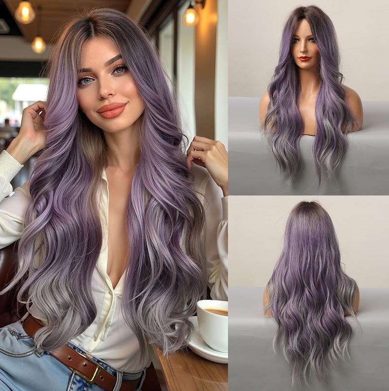 Esmee 24 Inches Ombre Purple to Grey Wigs for Women Synthetic Heat Resistant Fiber Natural Long Wave Wigs for Daily Party Cosplay Wear - Image 1