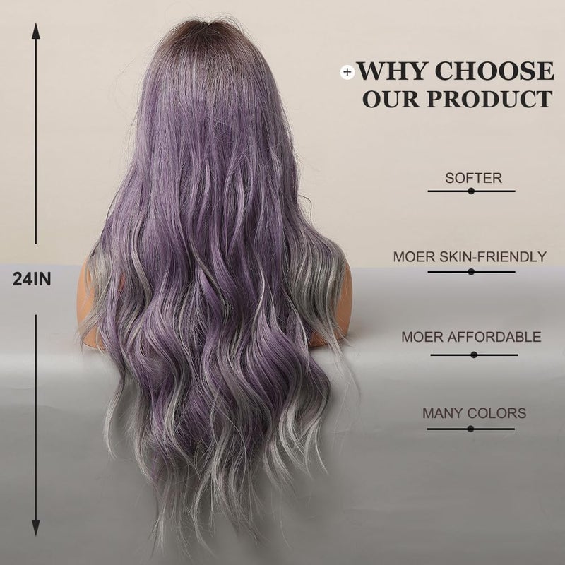 Esmee 24 Inches Ombre Purple to Grey Wigs for Women Synthetic Heat Resistant Fiber Natural Long Wave Wigs for Daily Party Cosplay Wear - Image 4