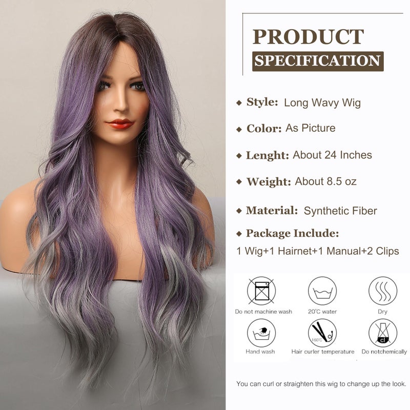 Esmee 24 Inches Ombre Purple to Grey Wigs for Women Synthetic Heat Resistant Fiber Natural Long Wave Wigs for Daily Party Cosplay Wear - Image 2