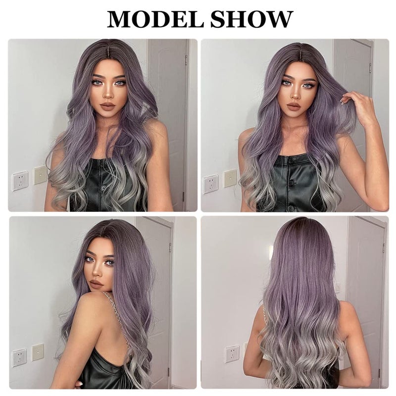 Esmee 24 Inches Ombre Purple to Grey Wigs for Women Synthetic Heat Resistant Fiber Natural Long Wave Wigs for Daily Party Cosplay Wear - Image 5