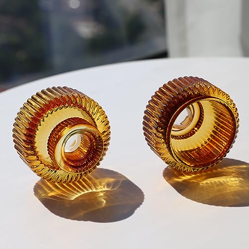 Woho Candlestick Holders Set of 4, Amber Votive Candle Holders for Fall Wedding Table Centerpiece, Ribbed Glass Taper Candle Holders for Dinner Party Halloween Thanksgiving Decor - Image 3