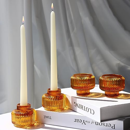 Woho Candlestick Holders Set of 4, Amber Votive Candle Holders for Fall Wedding Table Centerpiece, Ribbed Glass Taper Candle Holders for Dinner Party Halloween Thanksgiving Decor - Image 1