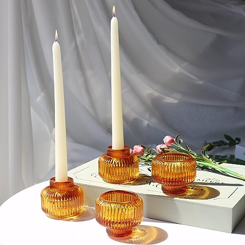 Woho Candlestick Holders Set of 4, Amber Votive Candle Holders for Fall Wedding Table Centerpiece, Ribbed Glass Taper Candle Holders for Dinner Party Halloween Thanksgiving Decor - Image 2