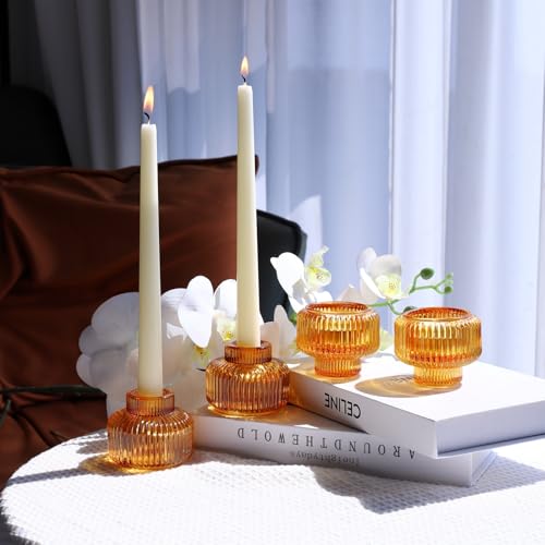 Woho Candlestick Holders Set of 4, Amber Votive Candle Holders for Fall Wedding Table Centerpiece, Ribbed Glass Taper Candle Holders for Dinner Party Halloween Thanksgiving Decor - Image 5
