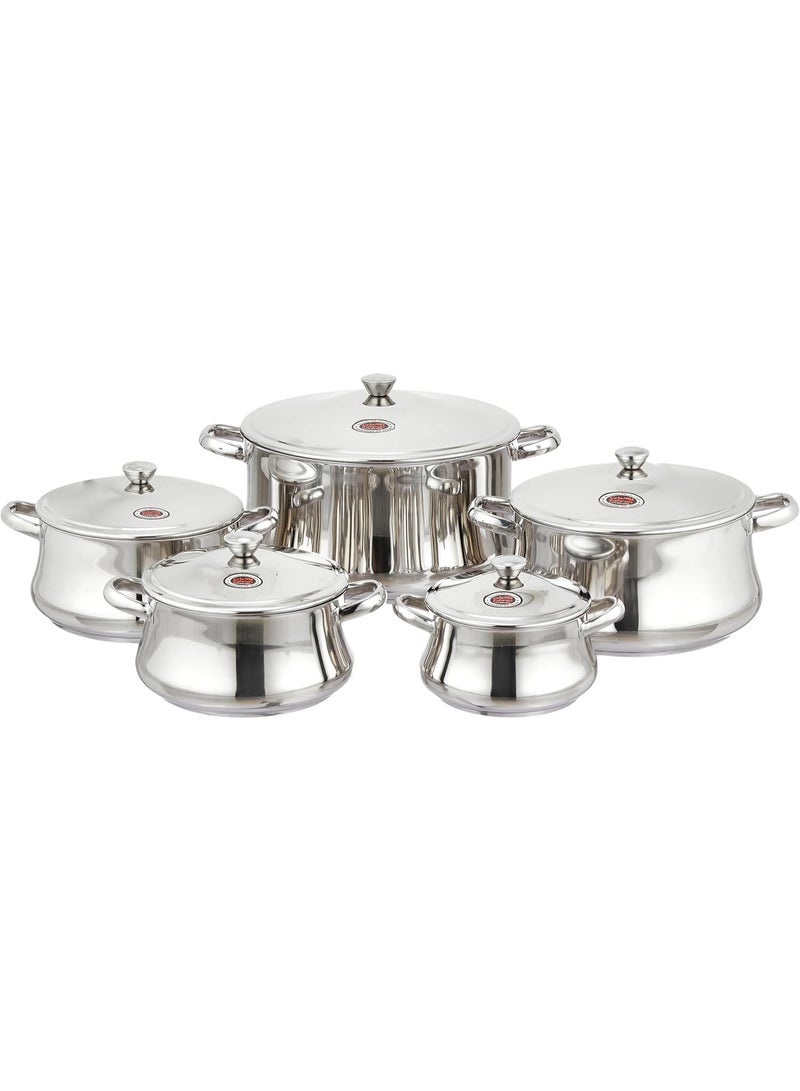 زهران طقم قدور من زهران، مصنوع من الستانلس ستيل، لون فضي بتشطيب مصقول، يتضمن 5 قدور مقاسات (16-32 سم). يتميز بقاعدة ثلاثية وآمن للفرن ومتوافق مع جميع مصادر الحرارة مع ضمان 25 سنة - Image 1