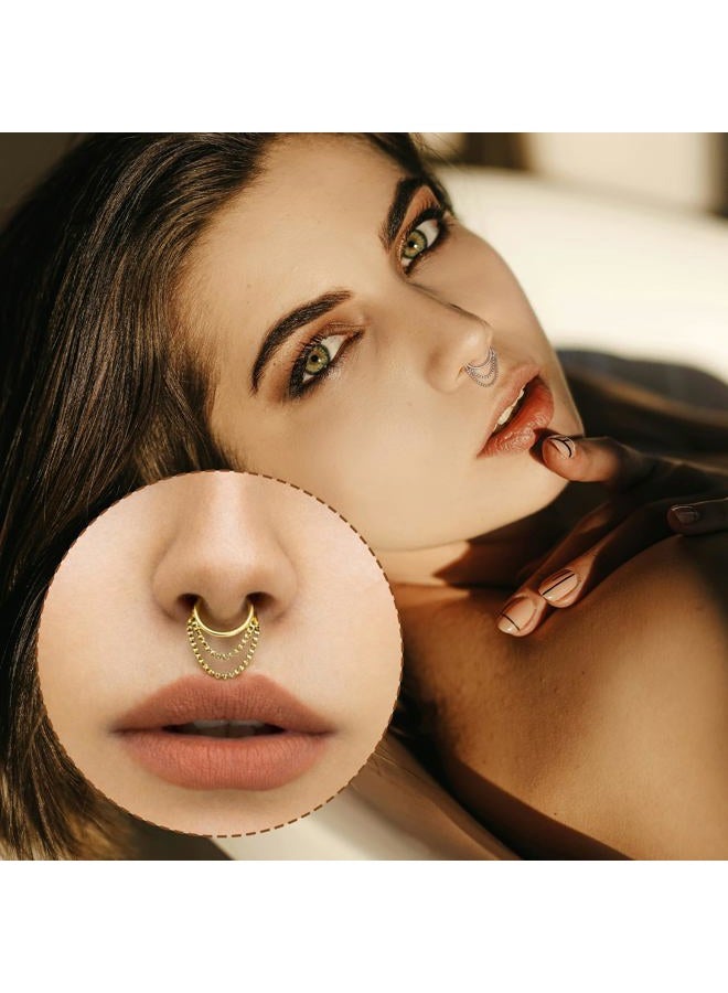 AROWRO Chain Septum Rings 316L Surgical Steel Septum Clicker Daith Piercing Jewelry Dangle Nose Rings for Women 16G 8/10mm Conch Cartilage Hoop Seamless Hinged Septum Jewelry with Clear CZ/Opal, 16G - Image 3