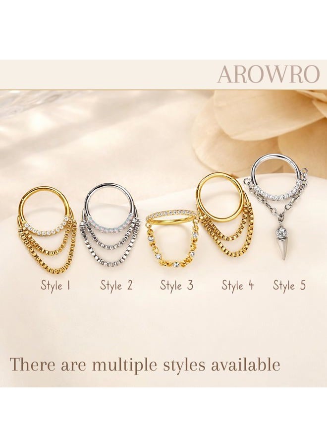 AROWRO Chain Septum Rings 316L Surgical Steel Septum Clicker Daith Piercing Jewelry Dangle Nose Rings for Women 16G 8/10mm Conch Cartilage Hoop Seamless Hinged Septum Jewelry with Clear CZ/Opal, 16G - Image 5