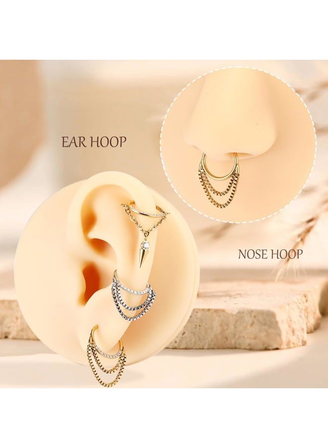 AROWRO Chain Septum Rings 316L Surgical Steel Septum Clicker Daith Piercing Jewelry Dangle Nose Rings for Women 16G 8/10mm Conch Cartilage Hoop Seamless Hinged Septum Jewelry with Clear CZ/Opal, 16G - Image 4